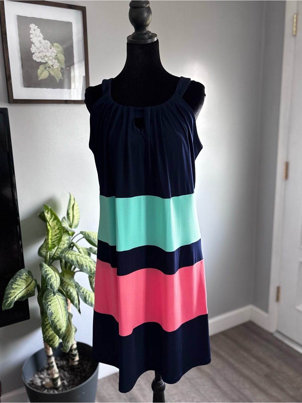 Enfocus Studio Navy Midi Dress with Mint and Coral Stripes